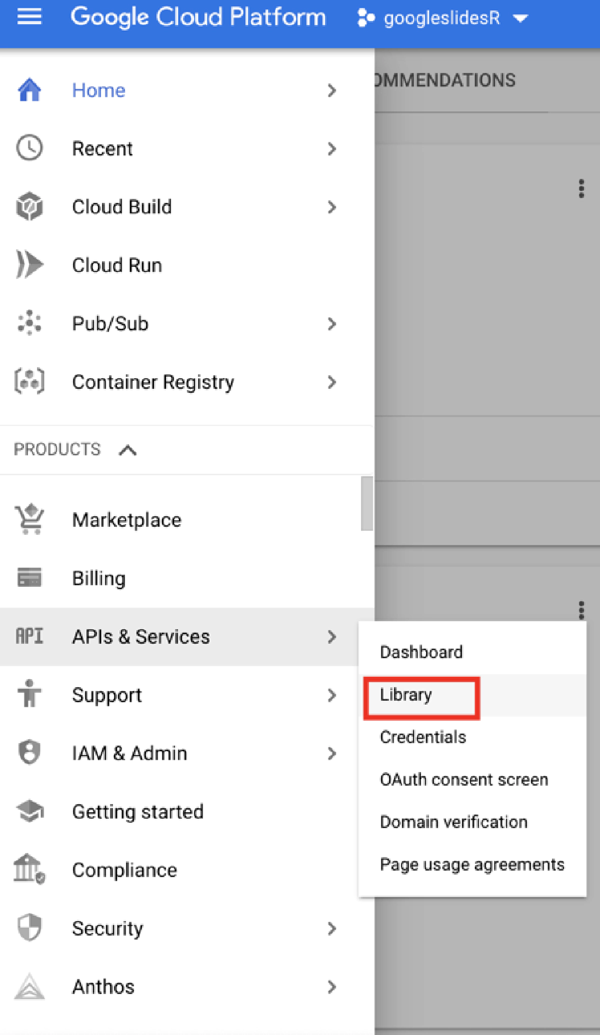 Image of how to access api library in Google Cloud Console