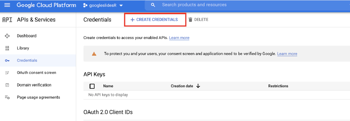 Click on Create Credentials to create the credentials need for app