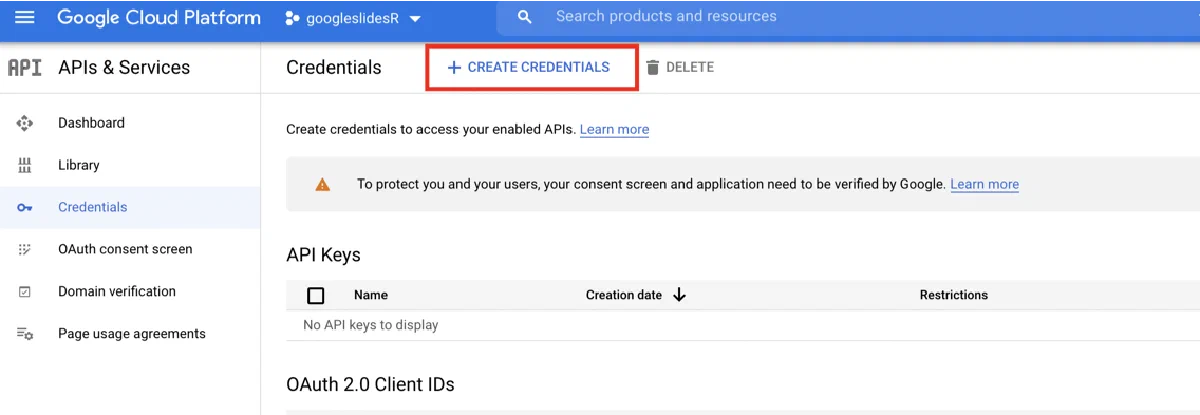 Click on Create Credentials to create the credentials need for app