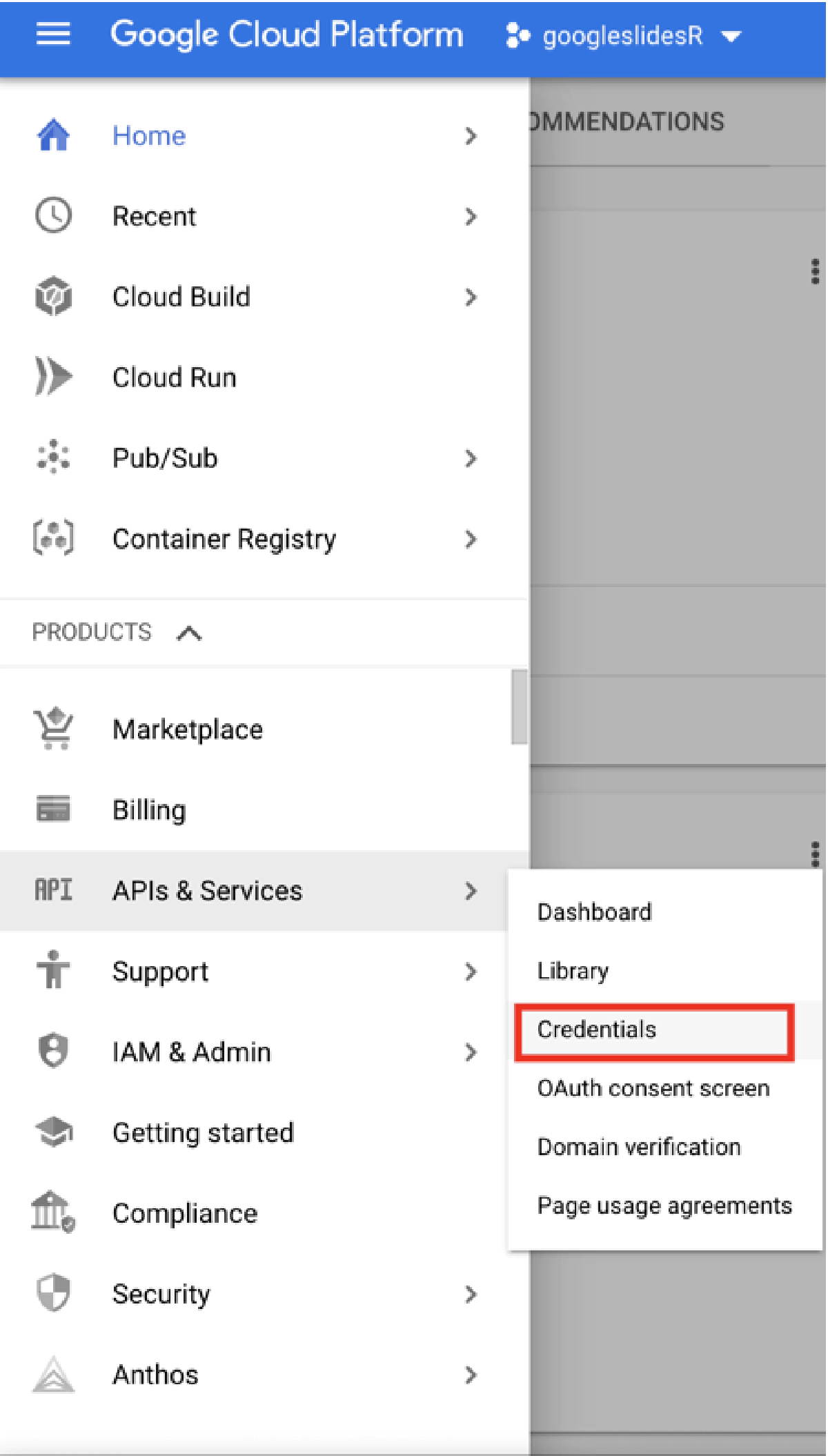 How to access the credentials page from sidebar in Google Cloud Console