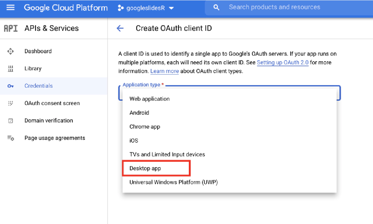 Clicking on the desktop app type for oauth client credentails in Google Cloud Console