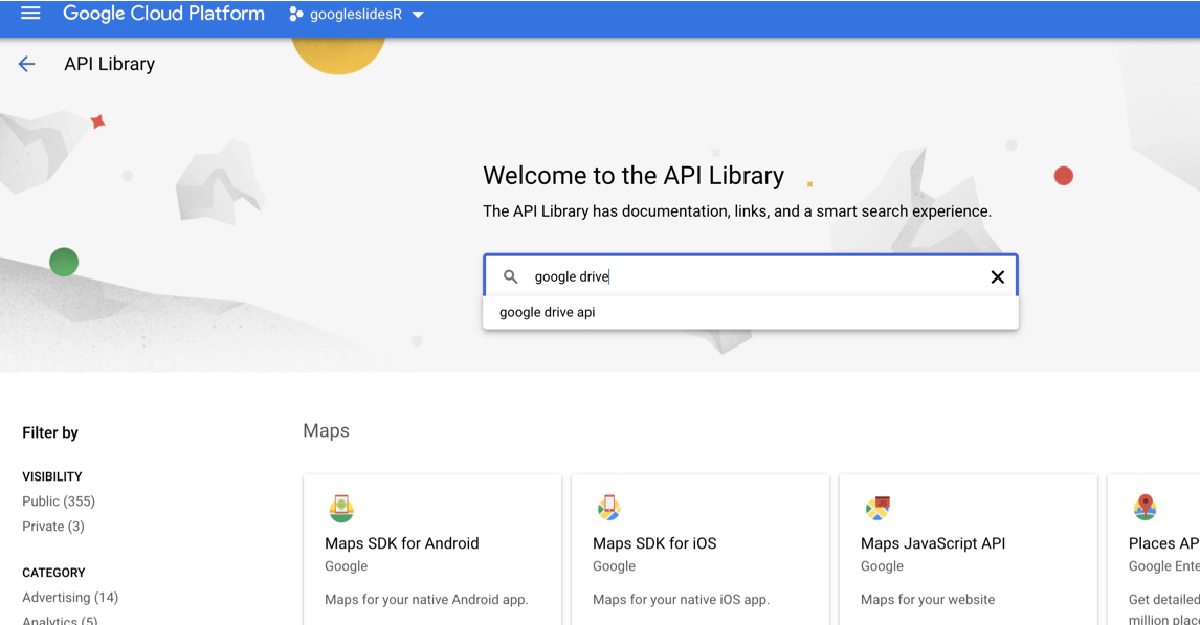 Showcase of search for APIs in Google Cloud Console