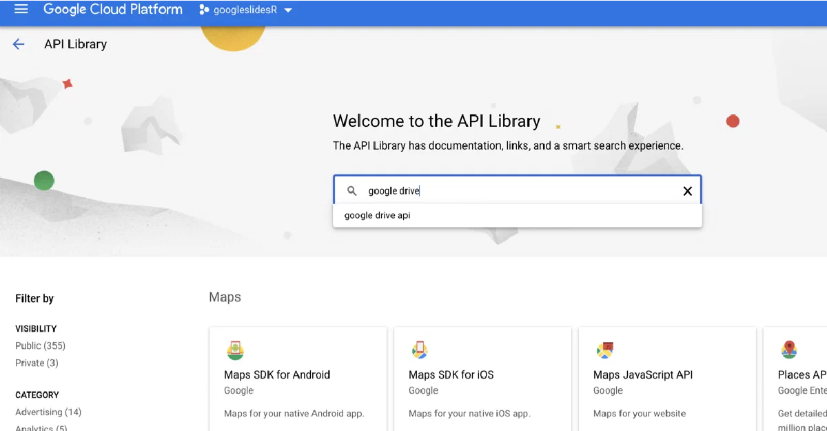 Showcase of search for APIs in Google Cloud Console