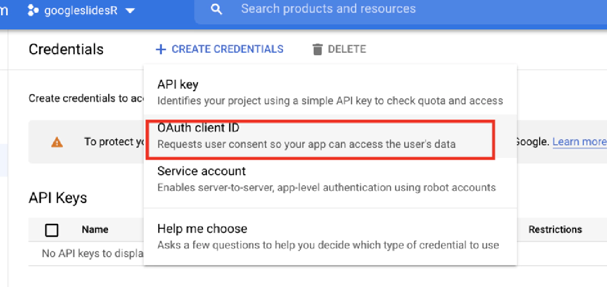 Choosing to create oauth client from credentials page in Google Cloud Console